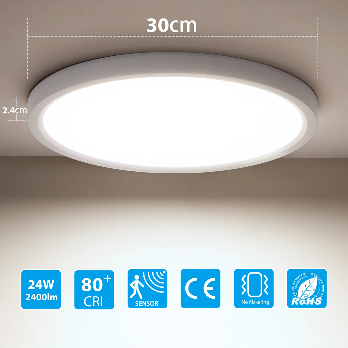 24W LED Ceiling Light with Motion Sensor, 2400LM, 30cm Round Ultra-Thin, 4000K for Hallway, Balcony, Indoor
