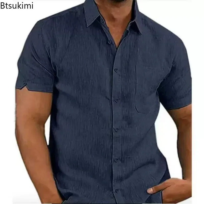 2026 Men's Summer Casual Short Sleeved Shirt Solid Button Up Shirts Male Streetwear Trun-Down Collar Slim Fit T-Shirts for Men