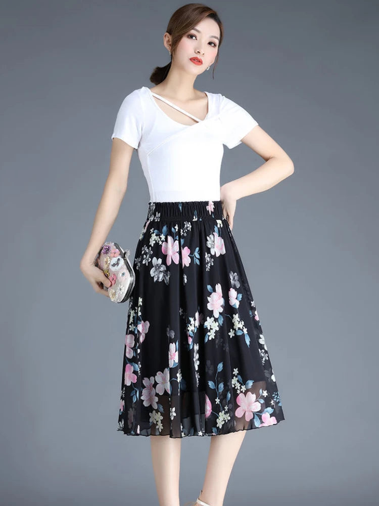 Female Skirts Floral To Knees Length Women'S Skirt Chiffon Vintage Cheap