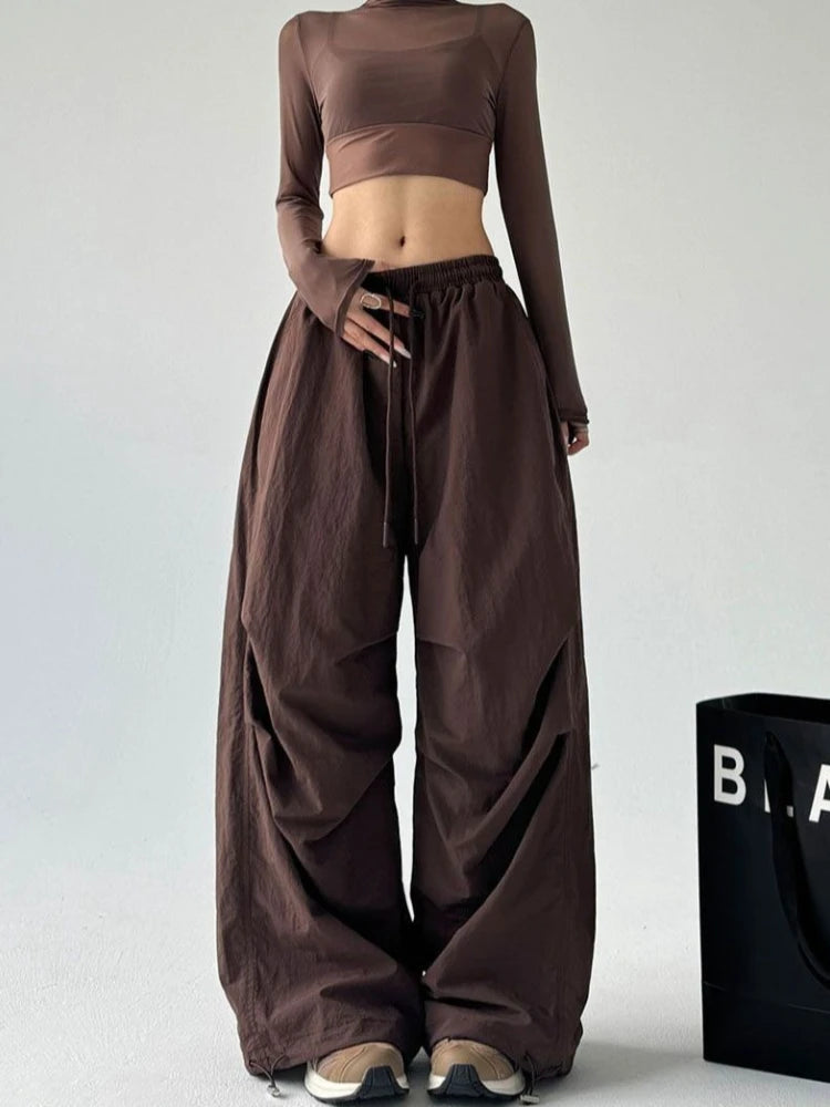 Women's Brown Parachute Pants 2026 Summer New Loose Straight Wide Leg Trousers Casual Quick Dry Cargo Pants Streetwear
