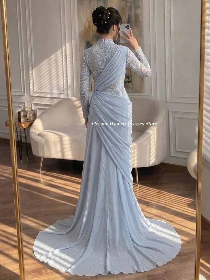 Evening Dresses Dusty Blue High Neck Long Sleeve Lace Beaded Mermaid
