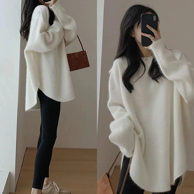 Knitwear Tops for Women 2026 Autumn Winter Thicken Loose Irregular Hem Knitted Sweater Female Round Collar Long Sleeve Pullover