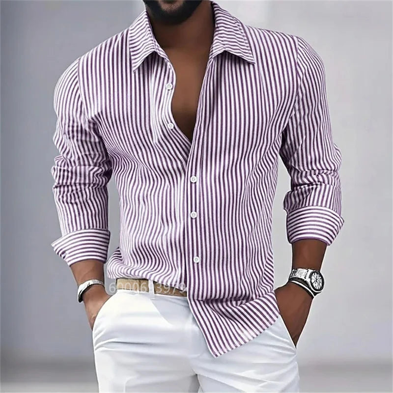 Men's striped button-down long-sleeved shirt, spring and autumn style, available in blue, pink, purple, brown, and green.