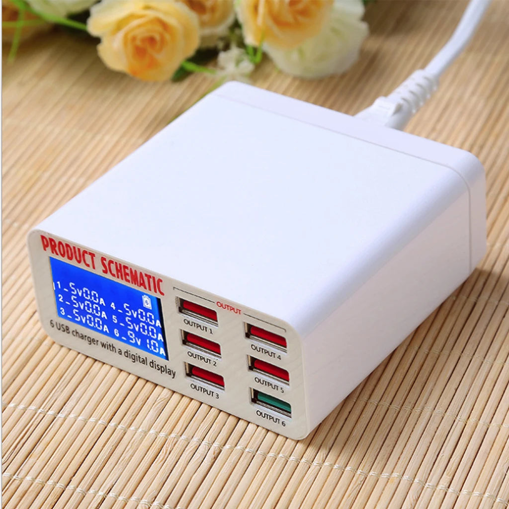 8A QC3.0 USB Charger With LCD Display 6 Ports Desktop Mobile Phone