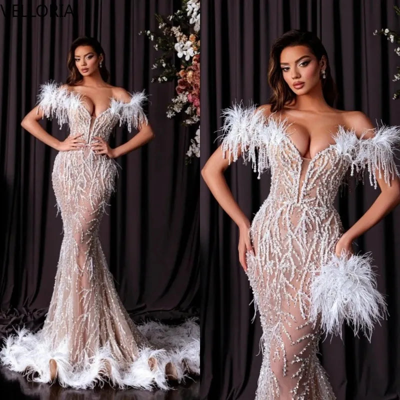 Off The Shoulder Evening Dresses Feathers Sequined Lace Prom Dress