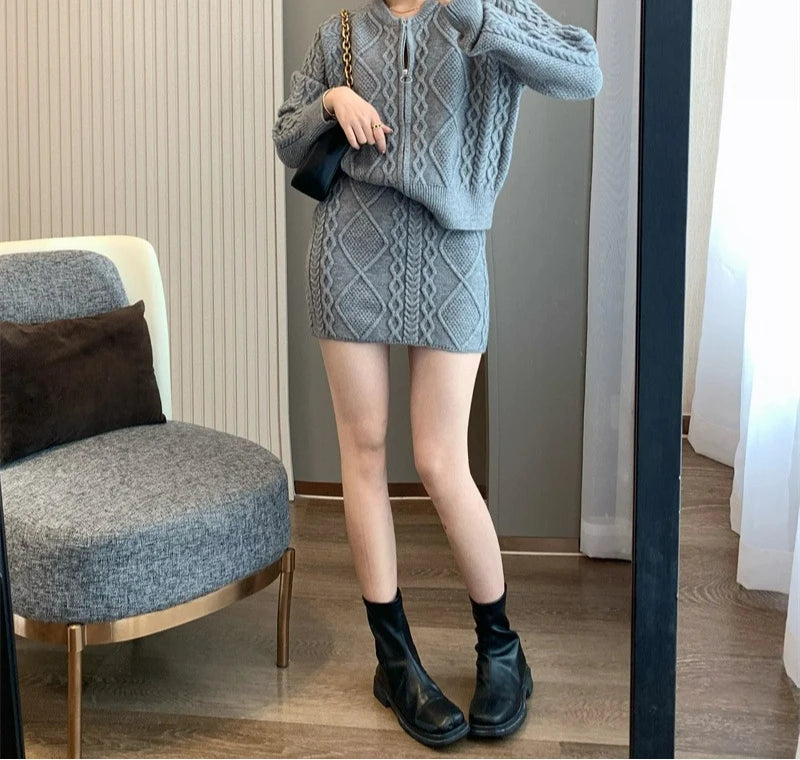 Autumn and Winter Wear Fashion Texture Knitted Sweater Cardigan Skirt Set Women's Two-piece Set