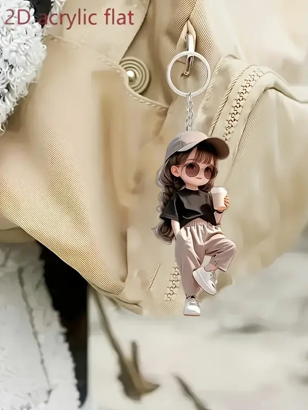1 Cute Acrylic Girl Keychain, 2D Flat, Holiday Gift, Backpack