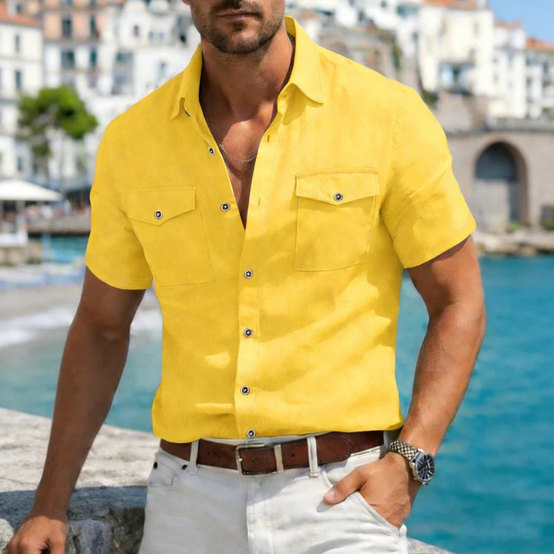 Men's Linen Button Up Short Sleeve Shirt Lapel Collar Lightweight Breathable Double Chest Pocket Summer Beach Daily Casual Tops