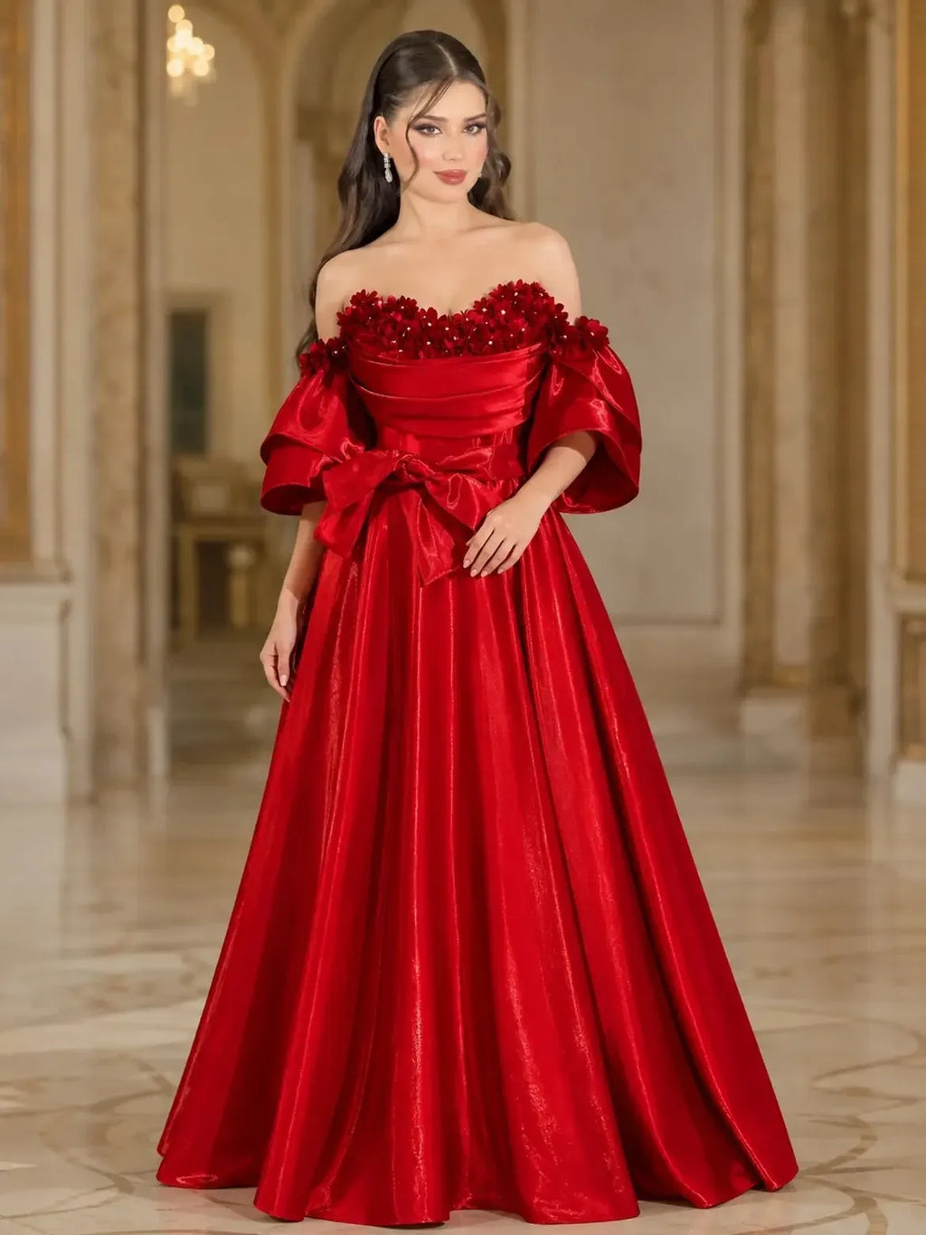 Red Off Shoulder Shiny Satin Evening Gown 3D Floral Puff Sleeve Big Bow
