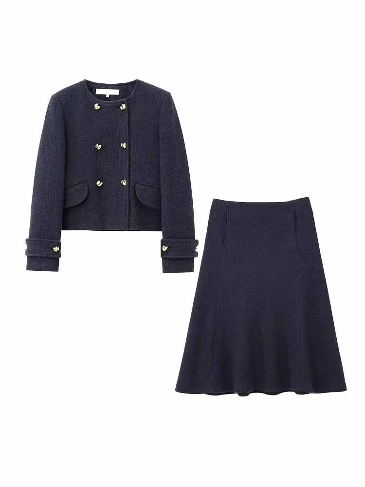 HH Woman Winter Fashion Blended Fabrics Round Neck Double Breasted Long Sleeves Coat+ Cape Skirt Female Casual Two Piece Set