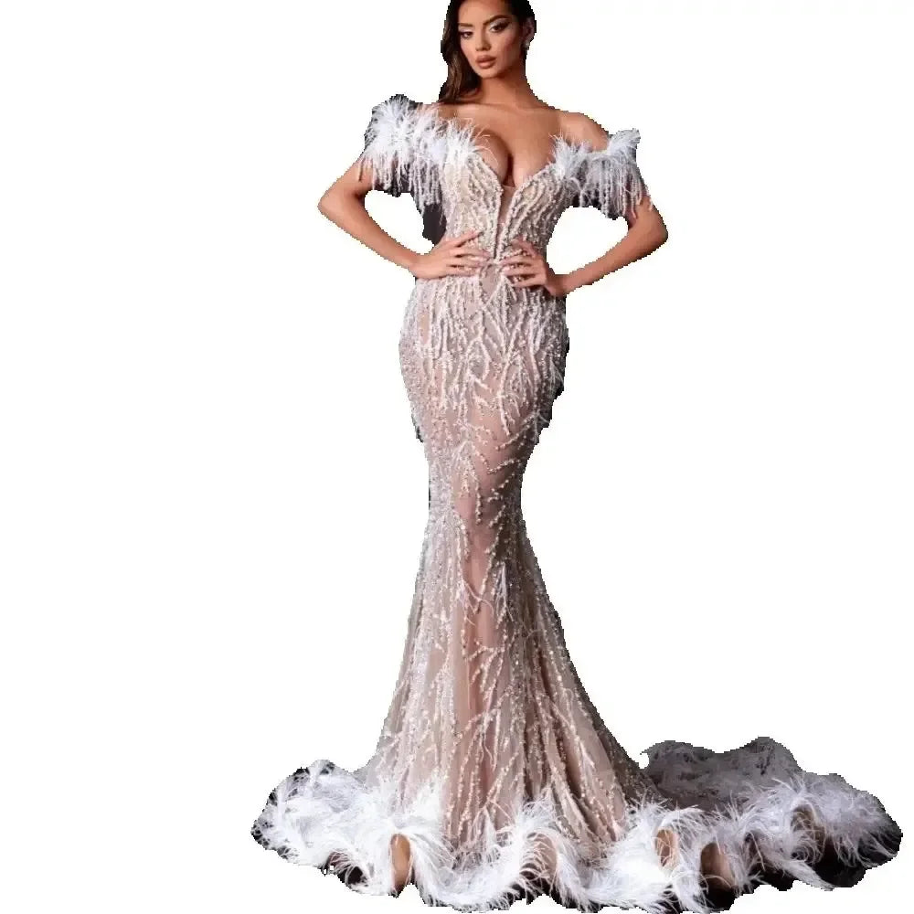 Off The Shoulder Evening Dresses Feathers Sequined Lace Prom Dress