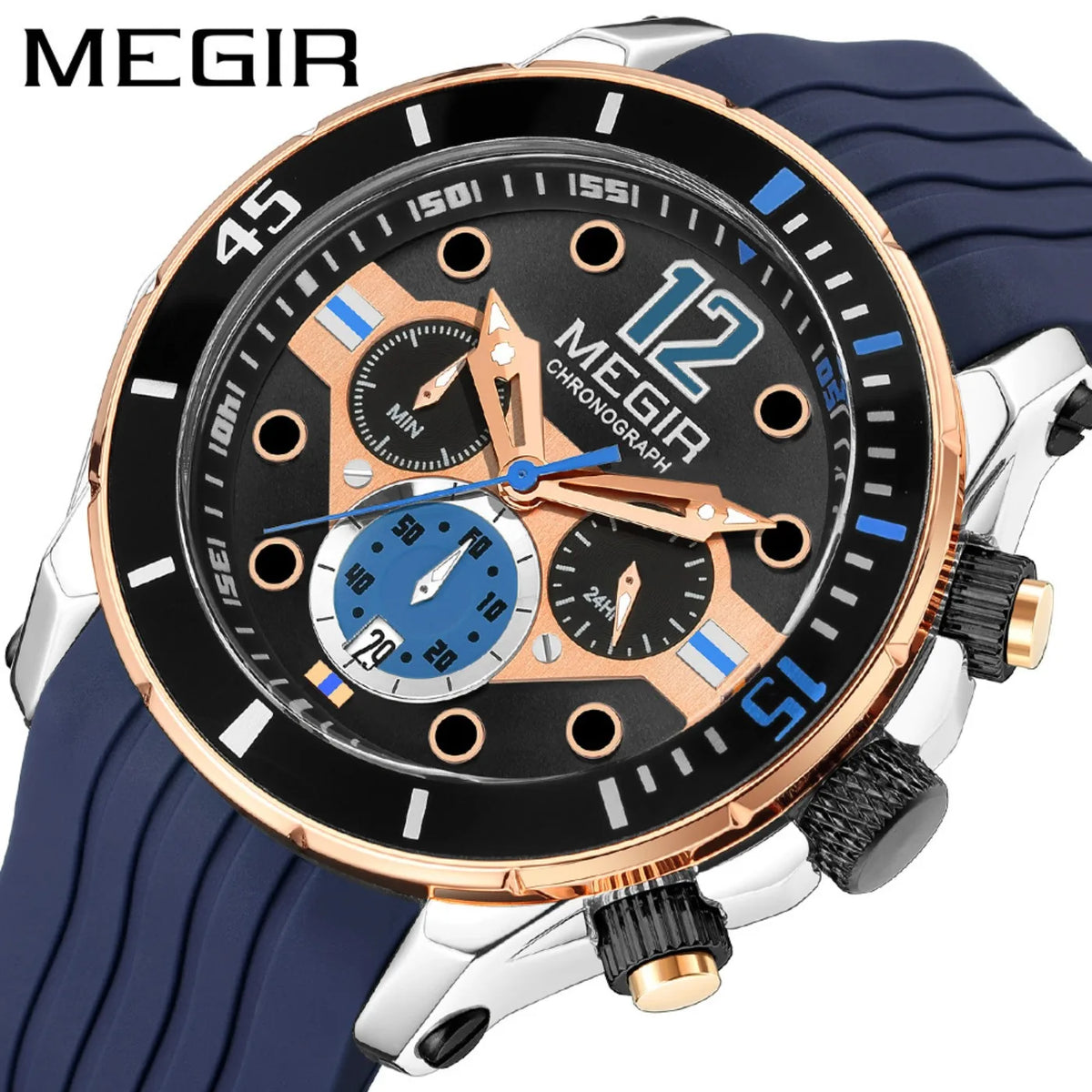 MEGIR Chronograph Watches for Men Fashion Military Sport Silicone Strap Wristwatch with Auto Date Waterproof Quartz Watch Часы