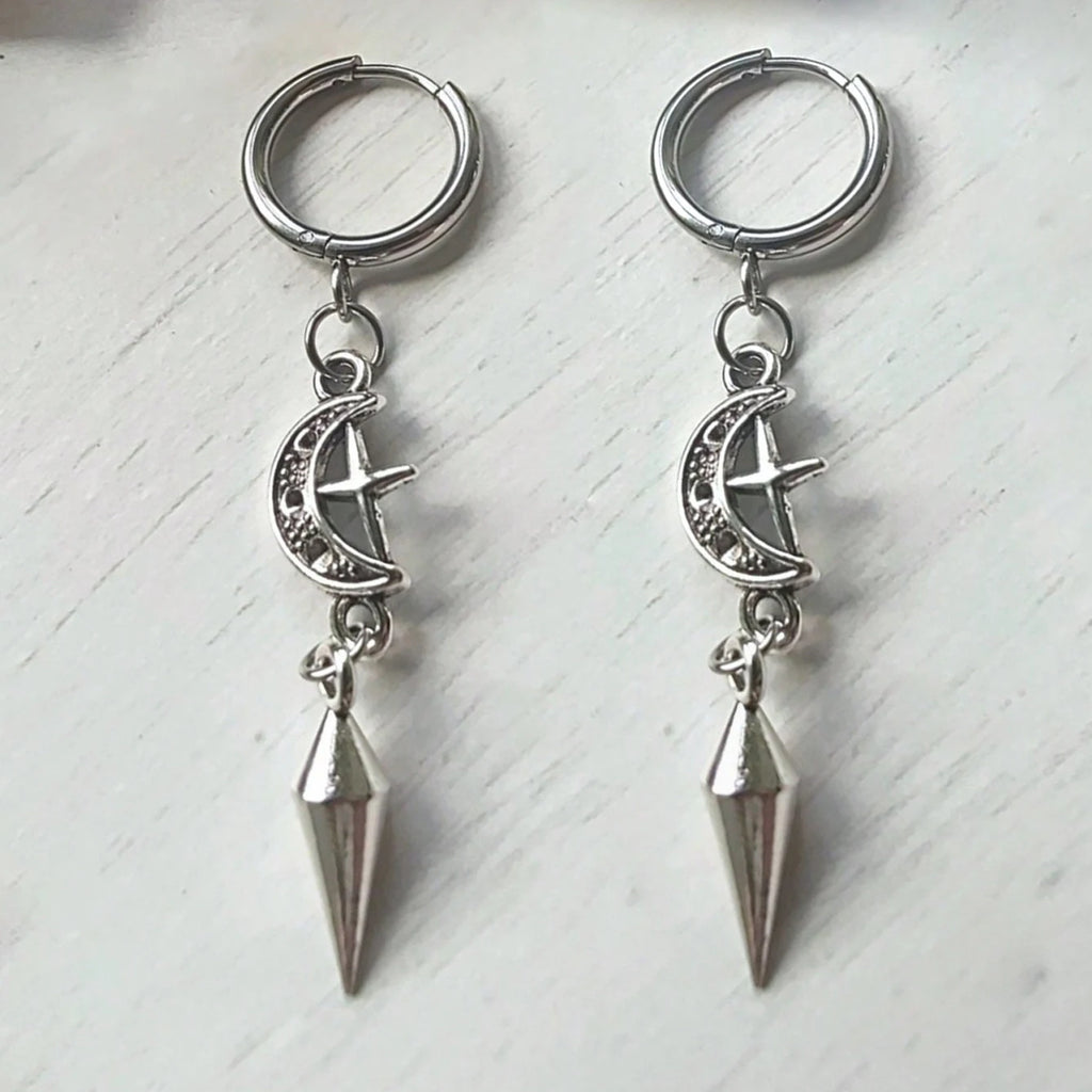 1 Pair of Punk Rock Stainless Steel Pointed Star and Moon Earrings, Suitable for Women to Wear Gothic Jewelry Accessories on a D