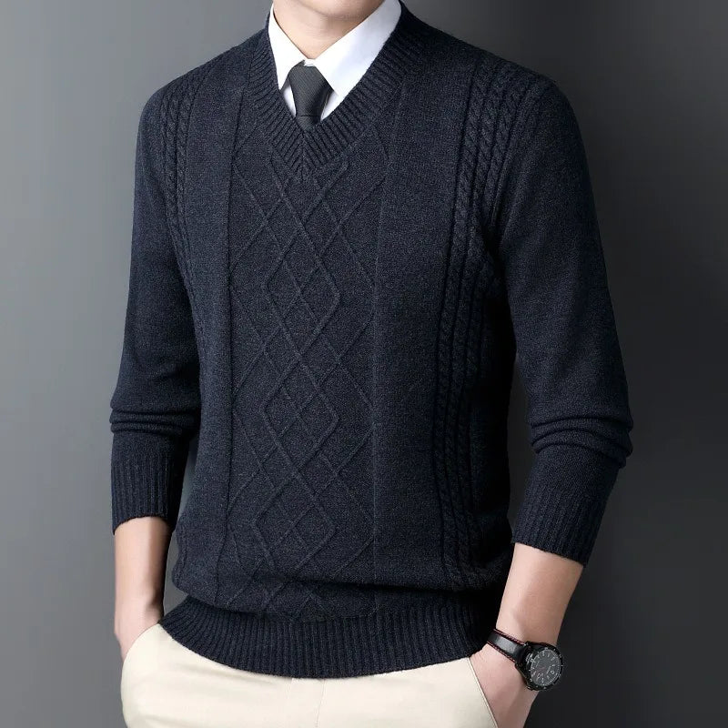 High End Men's Knitwear Sweaters Quality Pullovers Casual Retro Warm Winter V-neck Bottom Wear Sweater for Business Man Clothing
