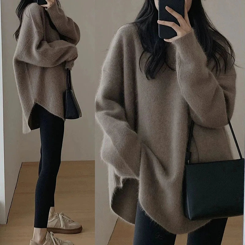 Knitwear Tops for Women 2026 Autumn Winter Thicken Loose Irregular Hem Knitted Sweater Female Round Collar Long Sleeve Pullover