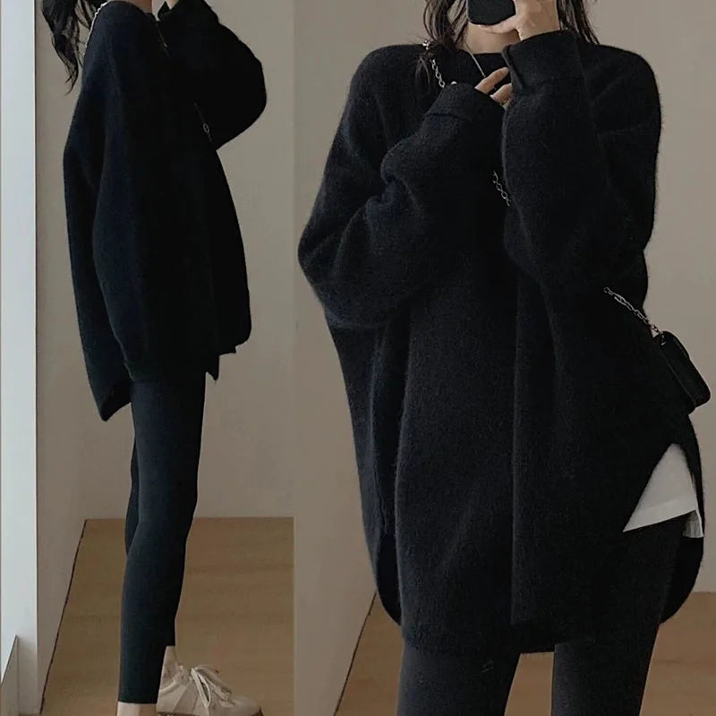 Knitwear Tops for Women 2026 Autumn Winter Thicken Loose Irregular Hem Knitted Sweater Female Round Collar Long Sleeve Pullover