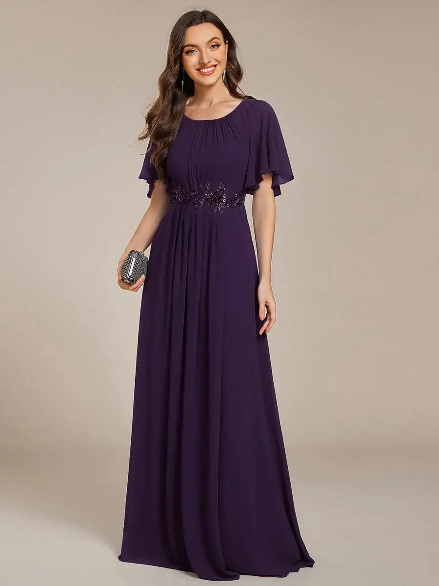 Evening Dresses Short Sleeves Pleated Applique Floor-Length Ever Pretty