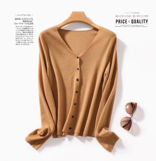 Wearable in All Seasons, 100% Superfine Worsted Wool Knitwear for Women, V Neck Long-Sleeved Cardigan Jacket, Simple Commuter Thin Outerwear, Short Style