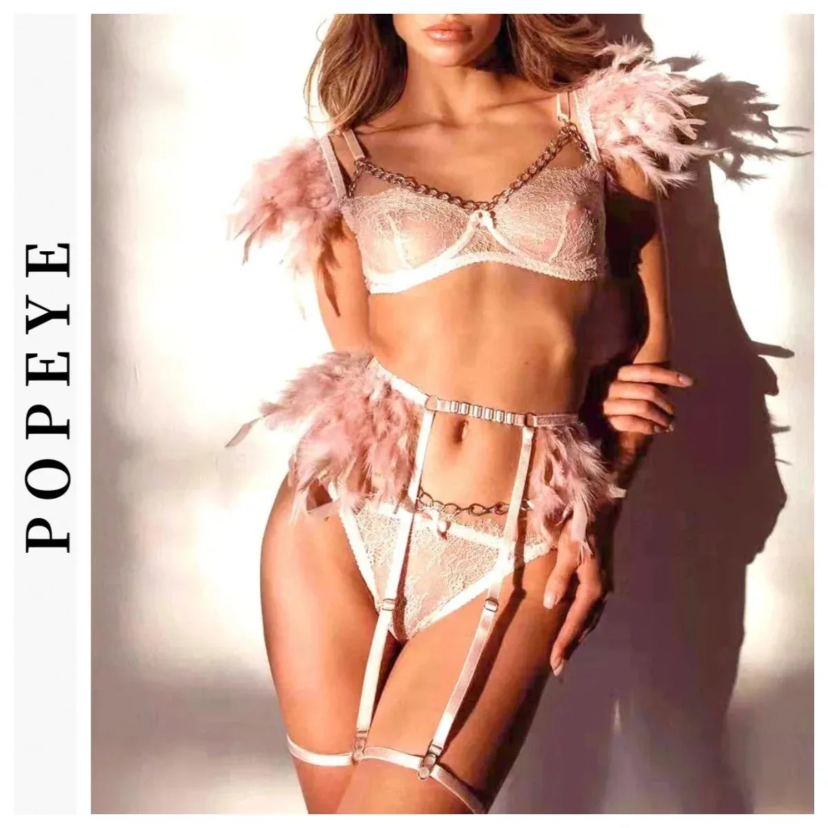POPEYE Woman Bra Underwear 3 Pieces Erotic Lace Embroidery Feather