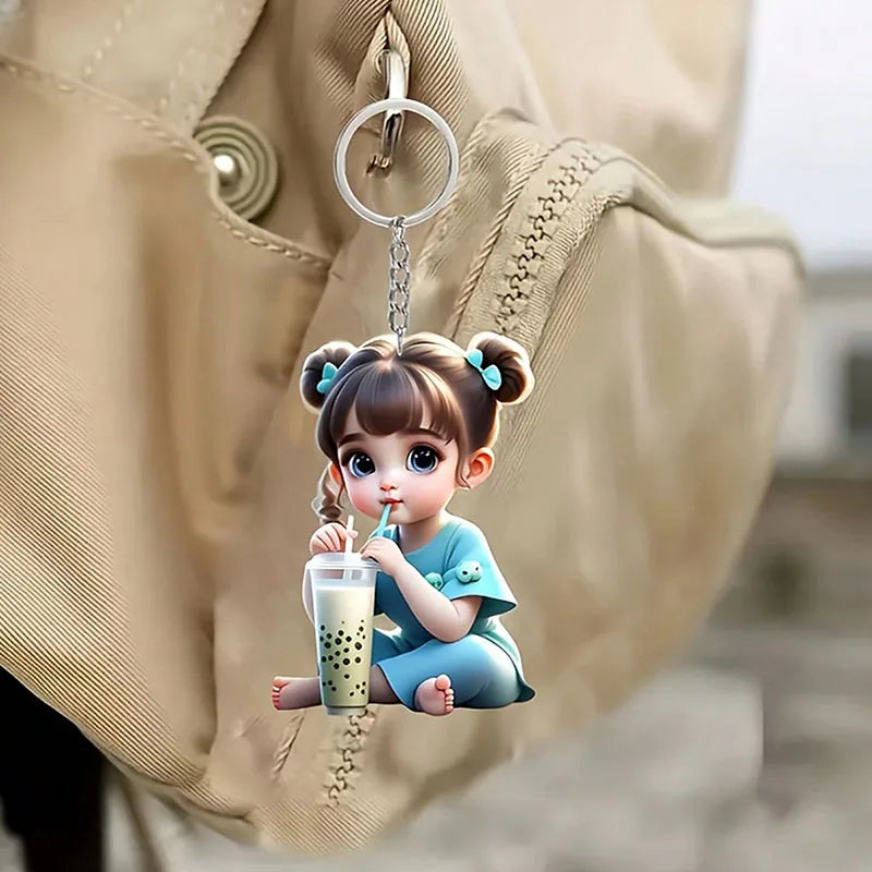 1 Cute Acrylic Girl Keychain, 2D Flat, Holiday Gift, Backpack