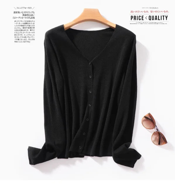 Wearable in All Seasons, 100% Superfine Worsted Wool Knitwear for Women, V Neck Long-Sleeved Cardigan Jacket, Simple Commuter Thin Outerwear, Short Style