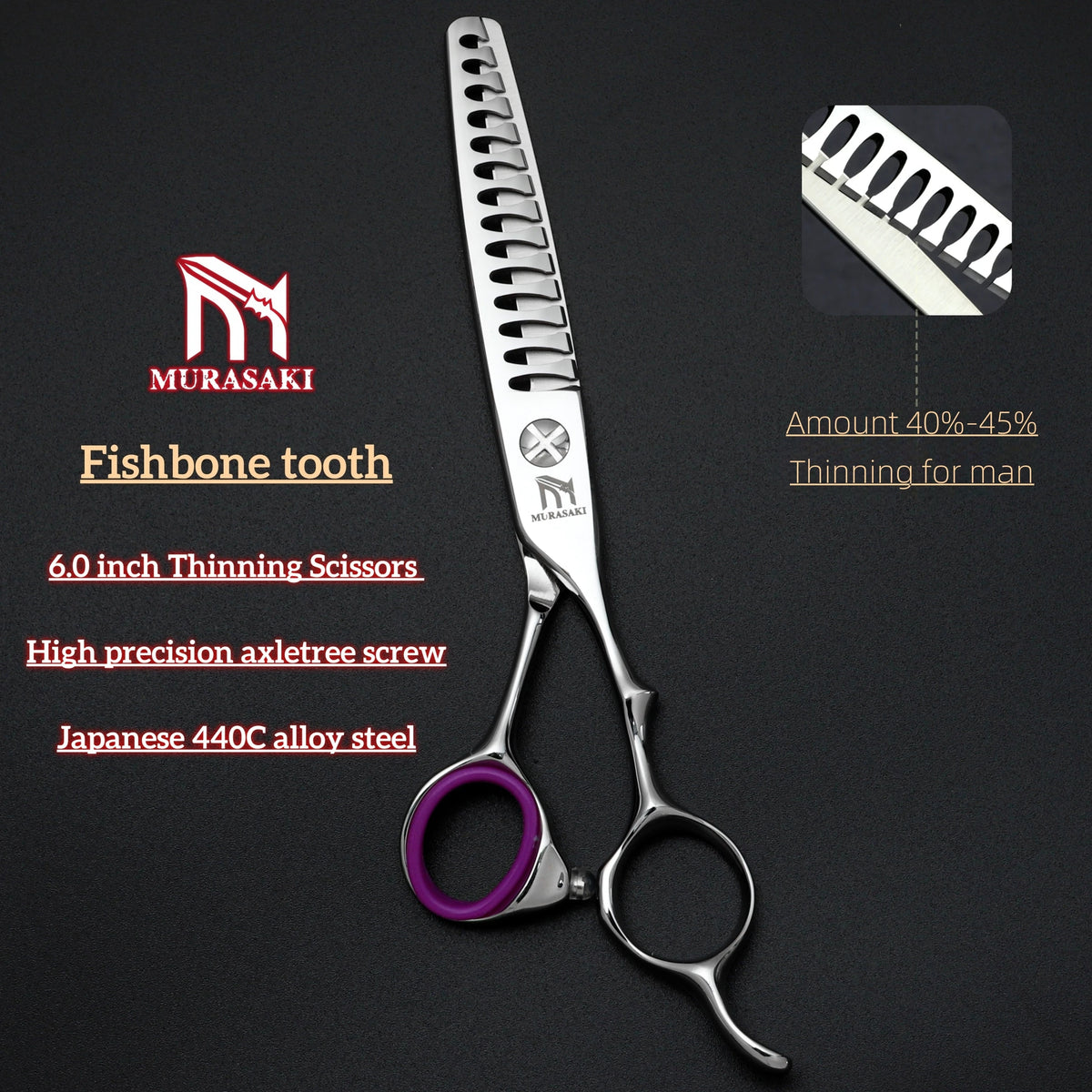 MURASAKI Professional Barber Scissors，6.0 Inch Japanese 440C Steel Hairdressing Scissors，Salon High-Quality Hair Cutting Tools