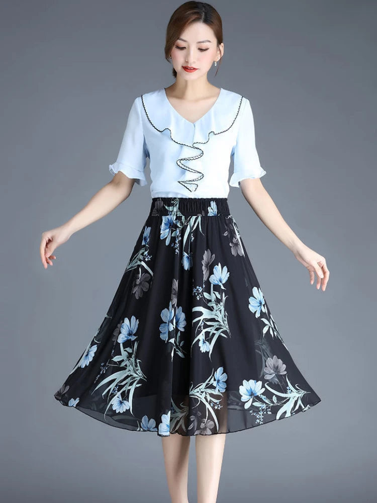 Female Skirts Floral To Knees Length Women'S Skirt Chiffon Vintage Cheap