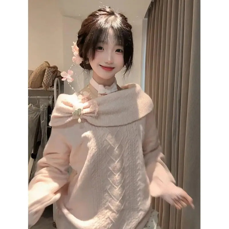 Sweet Daily Streetwear Japanese Women Slim Fit Off Shoulder Knit Jumper