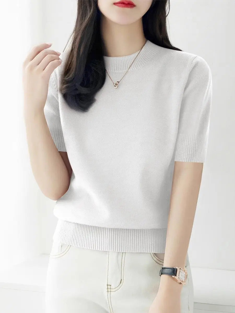 Knitwears New O-Neck Black Knitted Sweater Women Pullovers Short Sleeve Knit Sweater Pullover Women Tops Sueters De Mujer Q3104