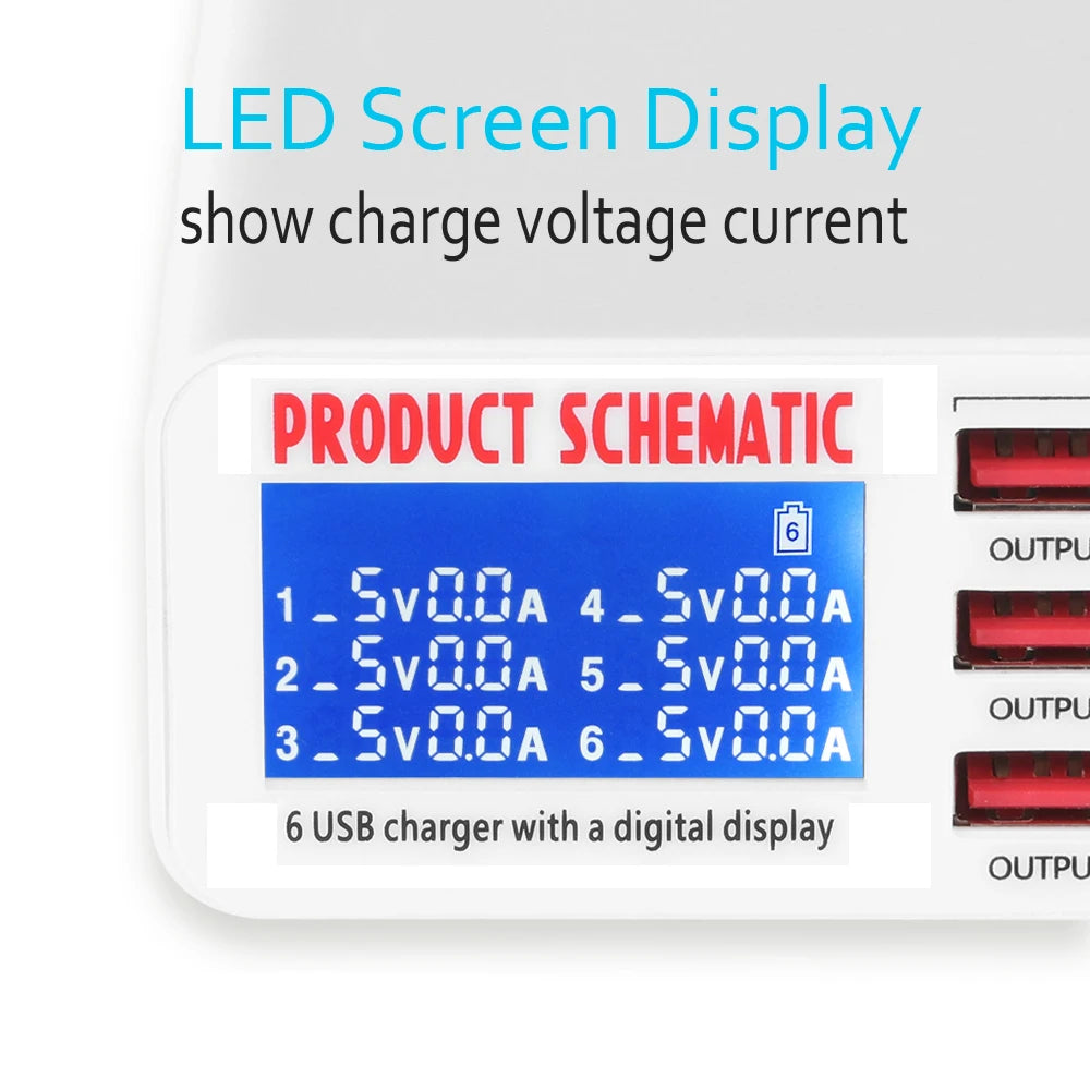 6-Port USB Charger Hub Fast Charging Station With LED Display Screen For