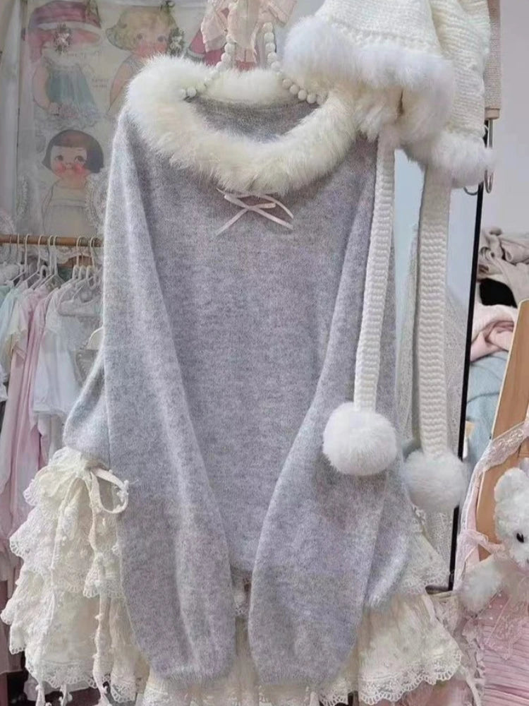 Sweet Daily Streetwear Japanese Women Slim Fit Off Shoulder Knit Jumper