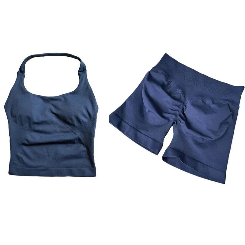 Yoga Sets Women Gym Clothes Longline Strappy Top High Waist Shorts