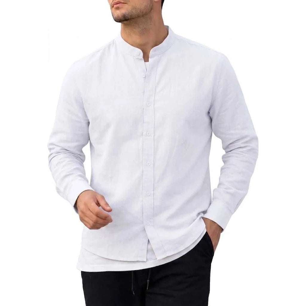 Mens Casual Button Down TShirt Long Sleeve Breathable Linen Shirts Lightweight Stand Collar Urban Streetwear Loose VNeck Tops