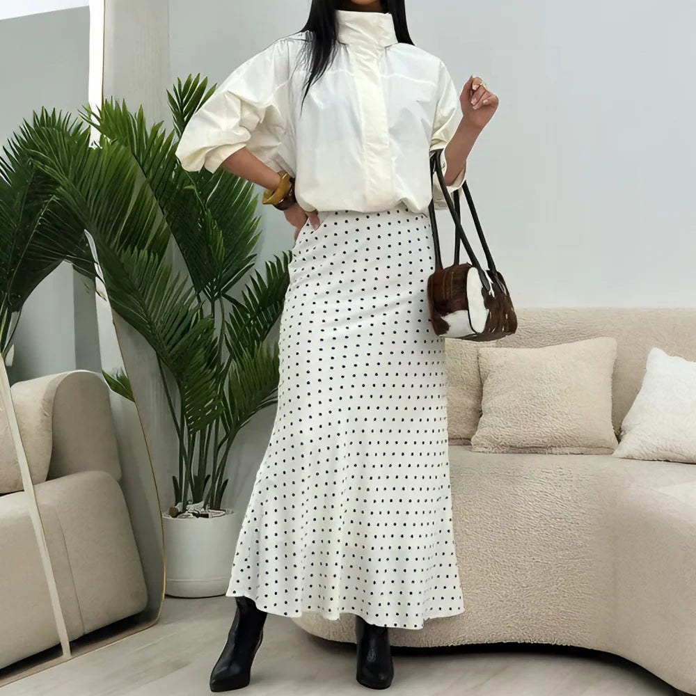 Talenza White Polka Dot Skirt Elegant Fashion Contrast Slim High Waist Patchwork Skirts Luxury New Party Women's Y2k Maxi Skirt