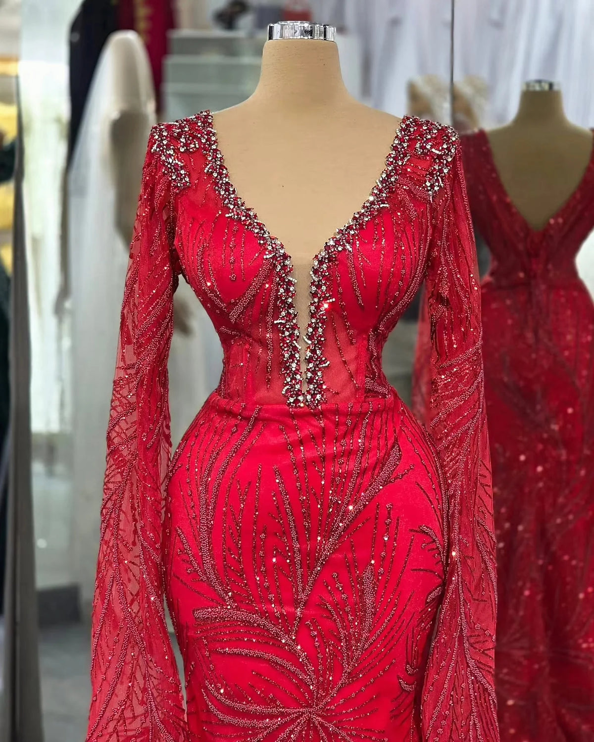 Red Middle Eastern Evening Dresses Long Sleeves Beaded Saudi Arabia