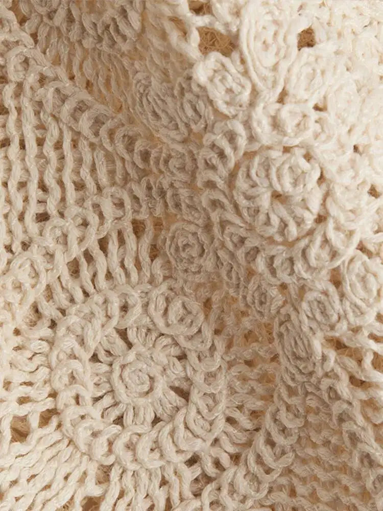 Knit Hollow Out 2 Piece Sets Woman Outfit Elegant Crochet Single-breasted Lapel Top High Waist Shorts Lady Suit Commuting J5VX