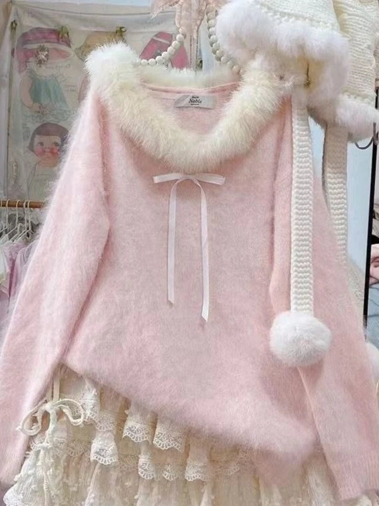 Sweet Daily Streetwear Japanese Women Slim Fit Off Shoulder Knit Jumper