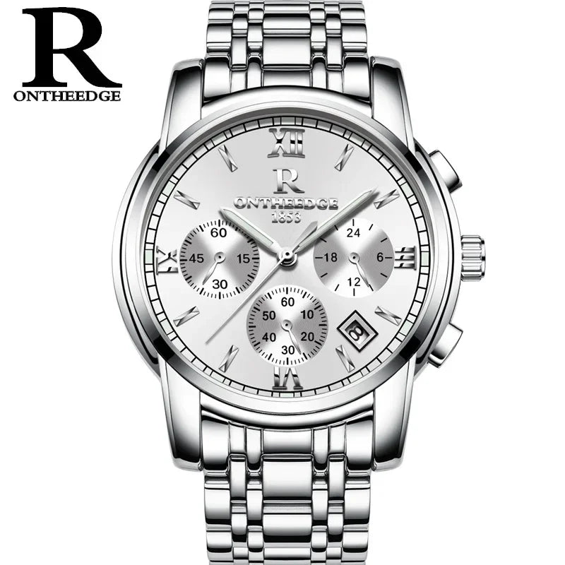 ONTHEEDGE Mens Watches Top Brand Luxury Business Quartz Watch Men All Steel Blue Face Waterproof Chronograph Relogio Masculino