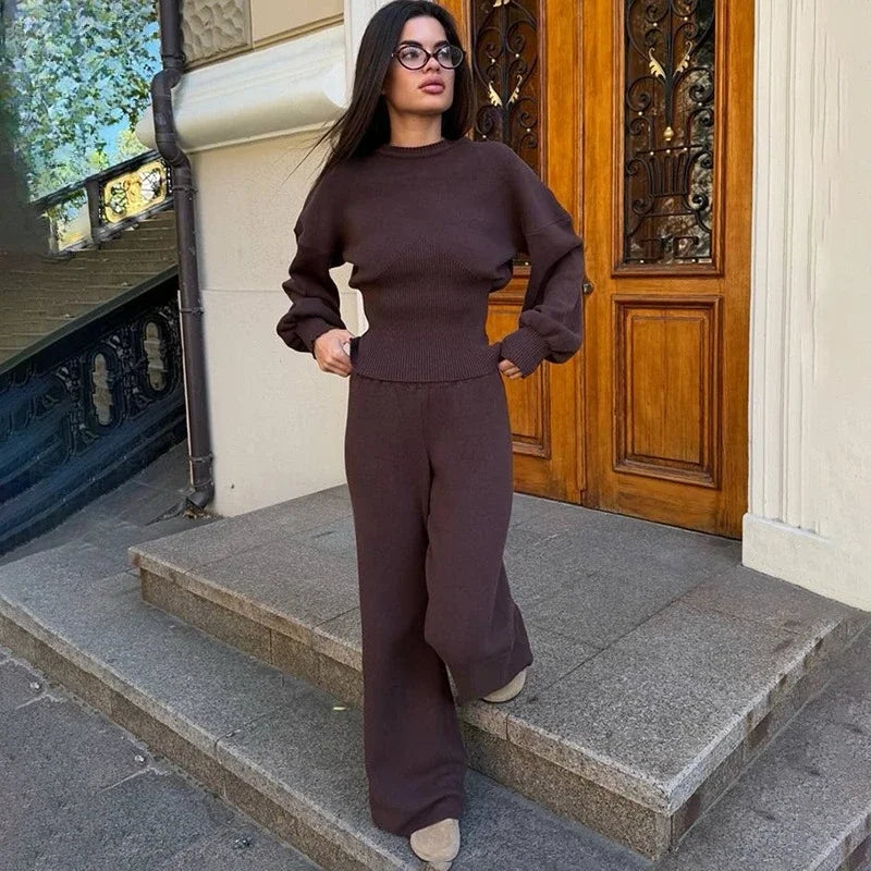 Women Knitwear 2-Piece Set Solid Crew Neck Long Sleeve Slim Waist Ribbed Sweater Top High Waist Wide Leg Pants Casual Set