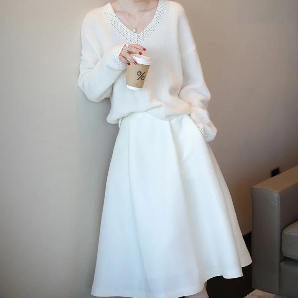 Knitted Top for Women V-neck Pullovers Mesh Ladies Sweaters Clothing Beige Tall Tops Cold Winter 2025 New Knitwear Trend In