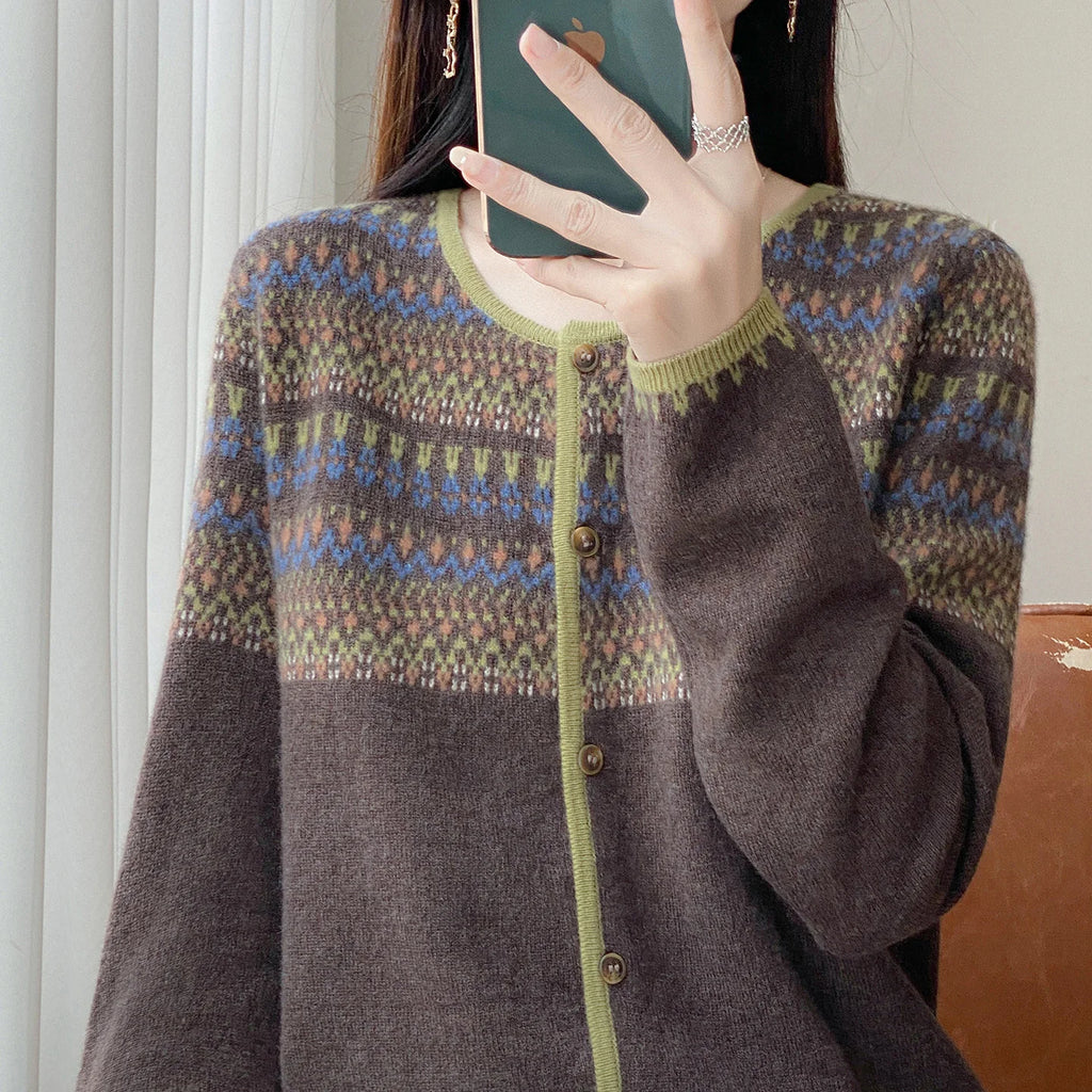 Round Neck Vintage Jacquard mercerized 100% Wool Sweater  Cardigan Women's Loose Long-sleeved Knitted Coat Women's sweater