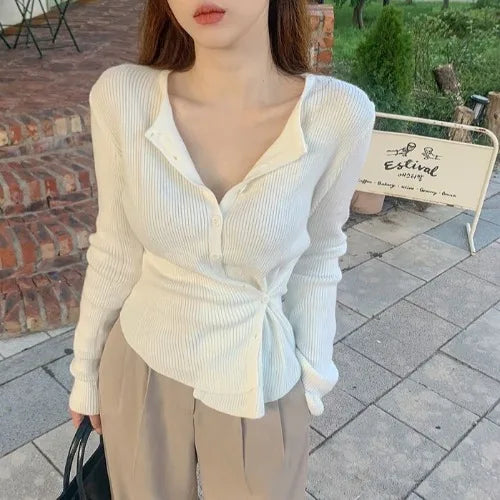 Women's Knitted Sweater 2025 New Style Versatile Simple  Cream Yellow Trendy Two-Way Wear Thin Top Commute Style Long Sl...