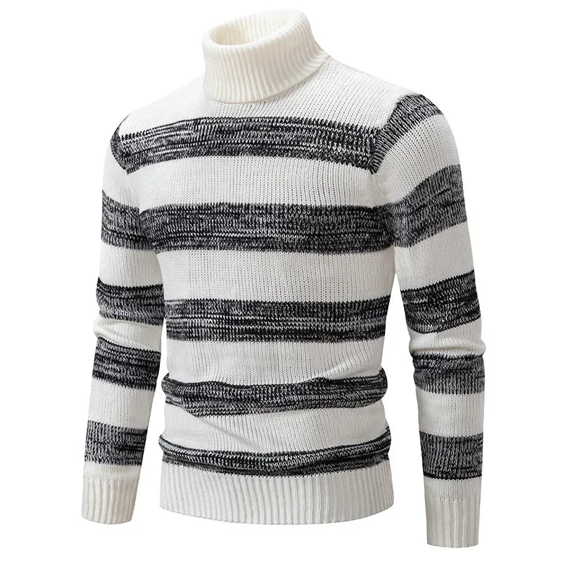 New 2026 Men's Knitwear Tops Autumn Winter Warm Turtleneck Pullovers Fashion Striped Splice Casual Knitted Sweaters Man Clothes