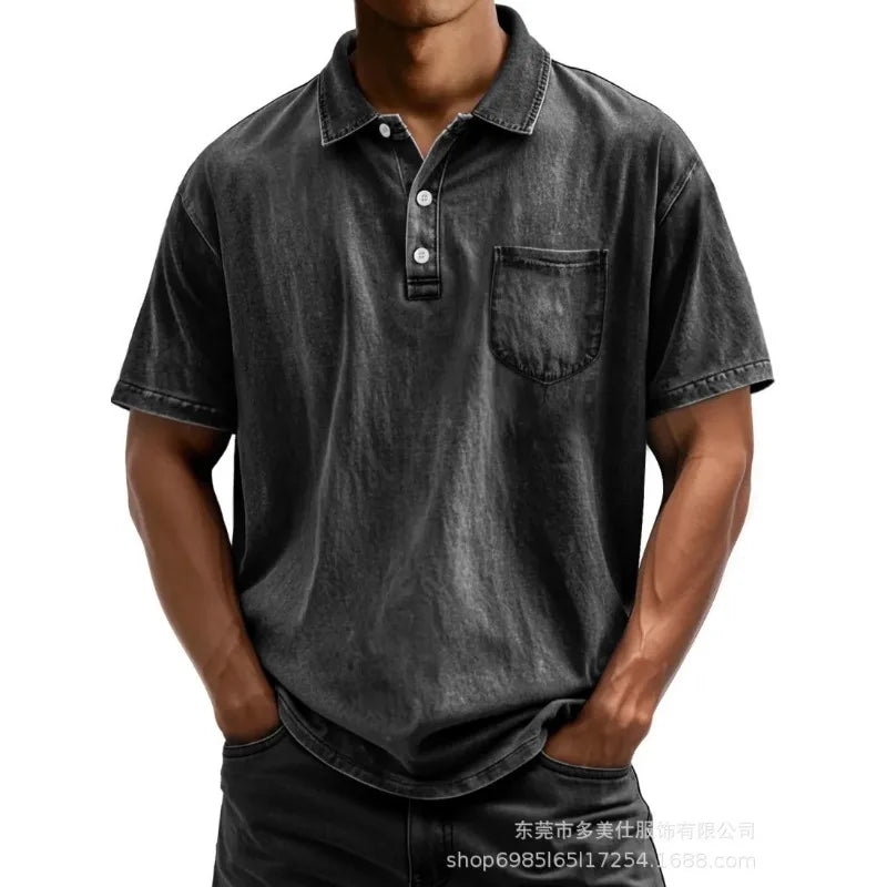 Men Pure Cotton Casual Short Sleeve Polo Shirt Button Turn-down Collar Shirt With Pocket