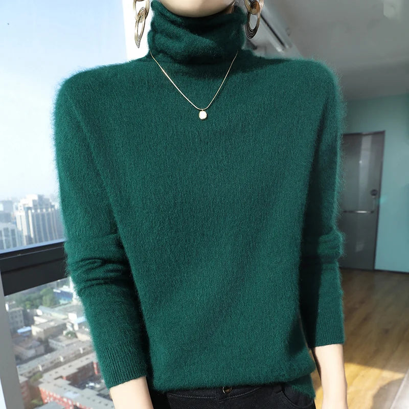 100% Pure Mink Cashmere Knitted Pullovers Women High-Neck Loose Large-size Sweater Casual Warm Tops Autumn and Winter Base Shirt