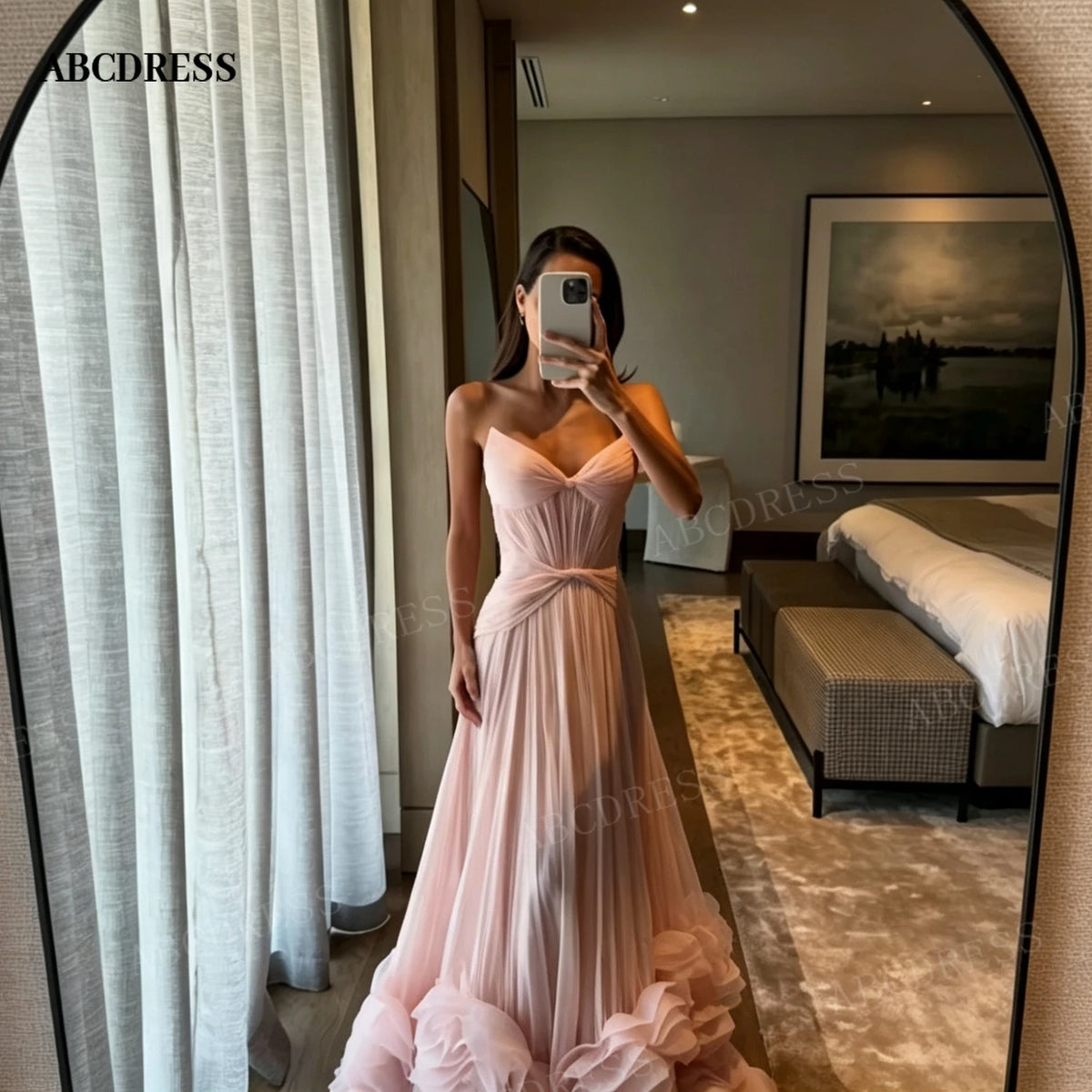 ABCDRESS Dusty Pink Strapless Evening Dress 3D Ruffled Rose Hem Prom