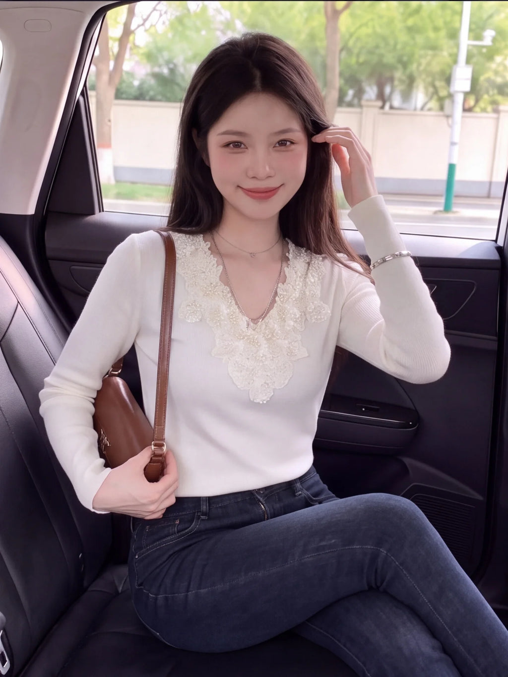 Heavy Embroidery Lace Beaded Knitwear V-Neck Long Sleeve Women's Fashion Slim Fit Base Shirt Autumn Season Polyester Fiber