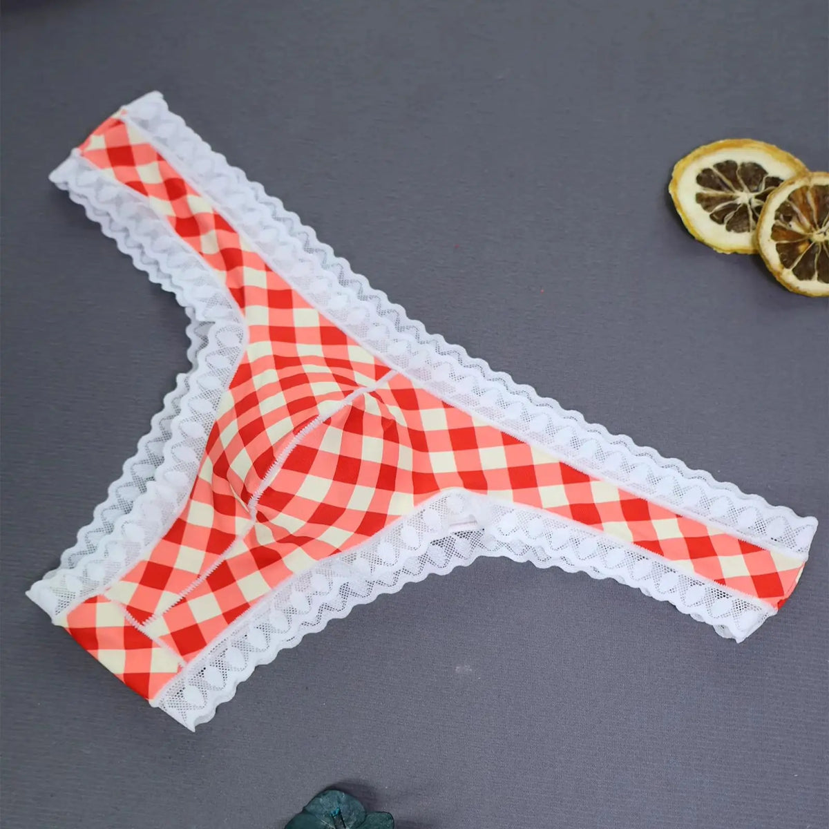 Plaid Lace-Trim Low-Rise Briefs