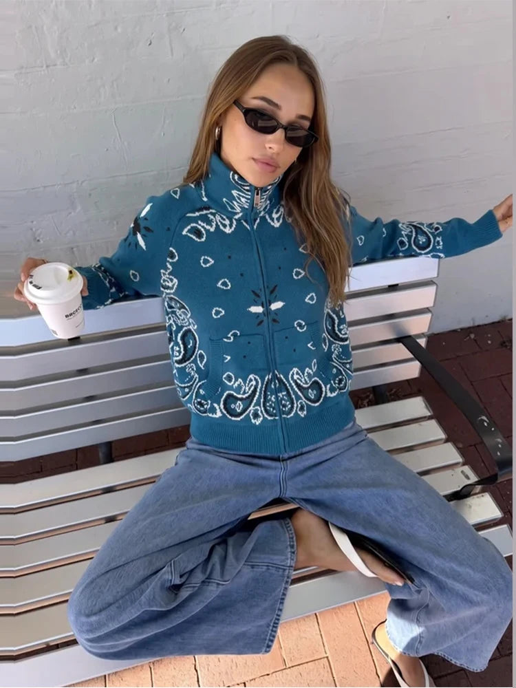 Casual Printed Knitted Women's Cardigan Long Sleeve Zippers Stand Collar Pocket Lady Sweater 2026 Autumn Chic Female Streetwear