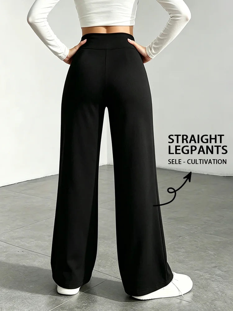 Lady's Black Cross-Waist Wide-Leg Pants, High-Waisted Abdominal-Reducing Casual Yoga Pants, Medium Stretch, Straight-Leg Style